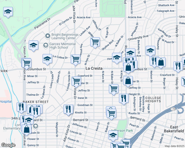 map of restaurants, bars, coffee shops, grocery stores, and more near 430 Crawford Street in Bakersfield