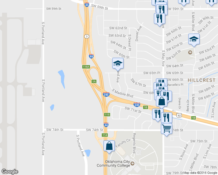 map of restaurants, bars, coffee shops, grocery stores, and more near 3236 South Madole Boulevard in Oklahoma City