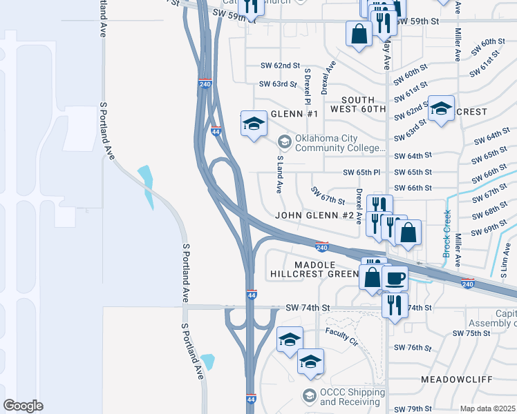 map of restaurants, bars, coffee shops, grocery stores, and more near 3240 South Madole Boulevard in Oklahoma City