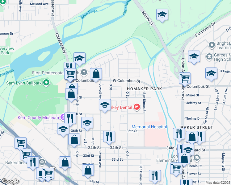 map of restaurants, bars, coffee shops, grocery stores, and more near 4032 O Street in Bakersfield