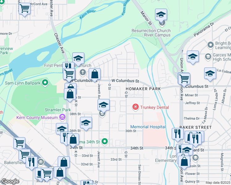 map of restaurants, bars, coffee shops, grocery stores, and more near 4042 O Street in Bakersfield