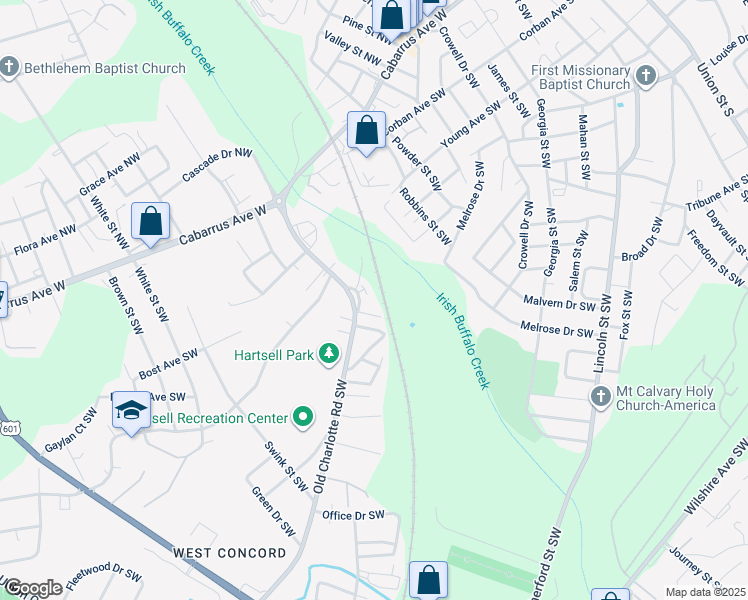 map of restaurants, bars, coffee shops, grocery stores, and more near Pharr Drive Southwest in Concord