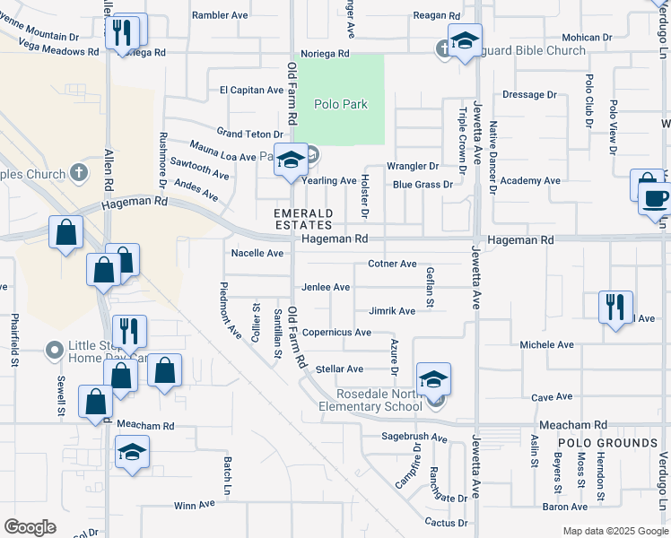 map of restaurants, bars, coffee shops, grocery stores, and more near 11907 Cotner Avenue in Bakersfield