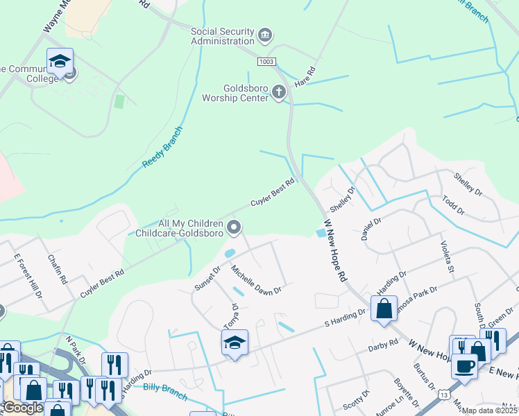 map of restaurants, bars, coffee shops, grocery stores, and more near 1764 Cuyler Best Road in Goldsboro