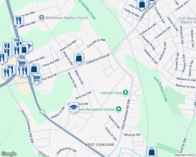 map of restaurants, bars, coffee shops, grocery stores, and more near 41 Meadowview Avenue Southwest in Concord