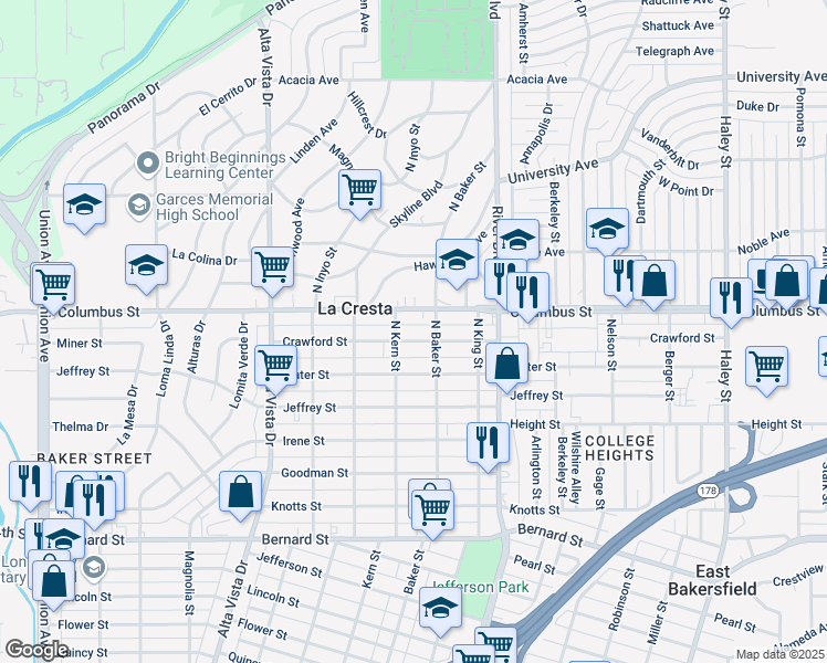 map of restaurants, bars, coffee shops, grocery stores, and more near 2605 North Kern Street in Bakersfield