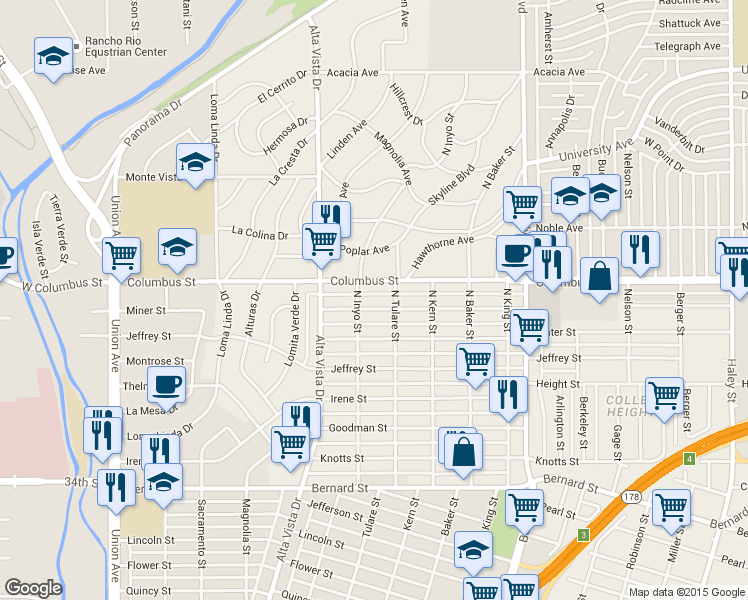 map of restaurants, bars, coffee shops, grocery stores, and more near 2611 North Inyo Street in Bakersfield