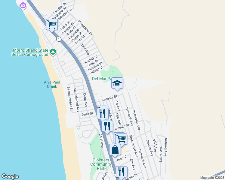 map of restaurants, bars, coffee shops, grocery stores, and more near 501 Sequoia Street in Morro Bay