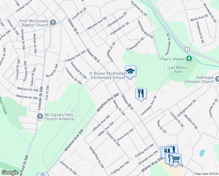 map of restaurants, bars, coffee shops, grocery stores, and more near 511 Spring Street Southwest in Concord