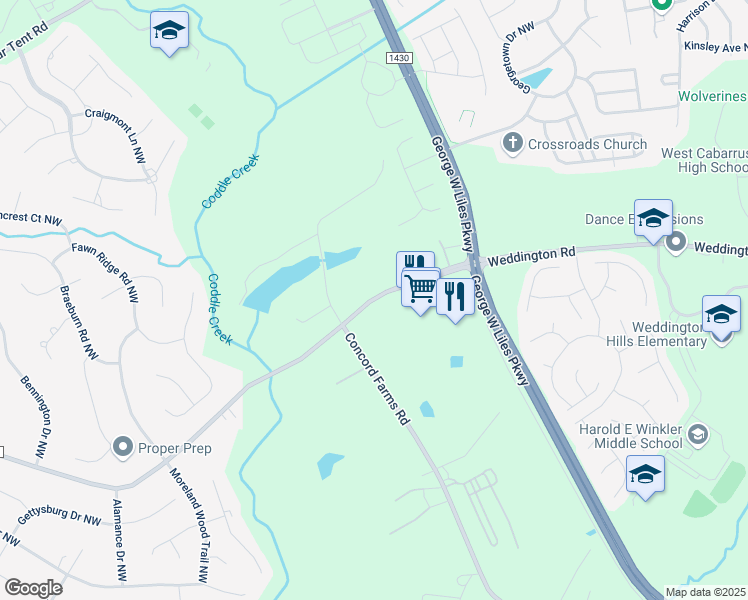 map of restaurants, bars, coffee shops, grocery stores, and more near 5020 Weddington Road Northwest in Concord