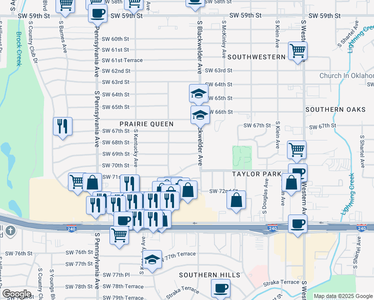 map of restaurants, bars, coffee shops, grocery stores, and more near 1324 Southwest 68th Street in Oklahoma City