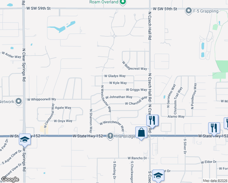 map of restaurants, bars, coffee shops, grocery stores, and more near 1114 West Griggs Way in Mustang