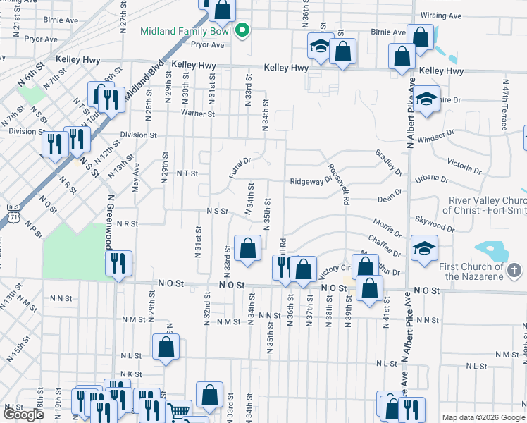 map of restaurants, bars, coffee shops, grocery stores, and more near 1918 North 35th Street in Fort Smith