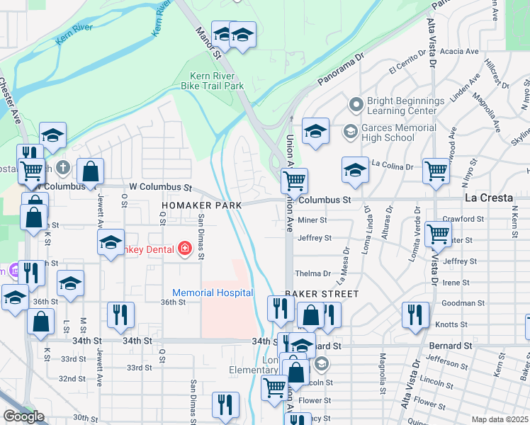 map of restaurants, bars, coffee shops, grocery stores, and more near 401 West Columbus Street in Bakersfield