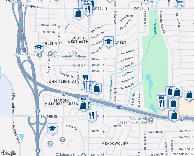 map of restaurants, bars, coffee shops, grocery stores, and more near 6624 South May Avenue in Oklahoma City