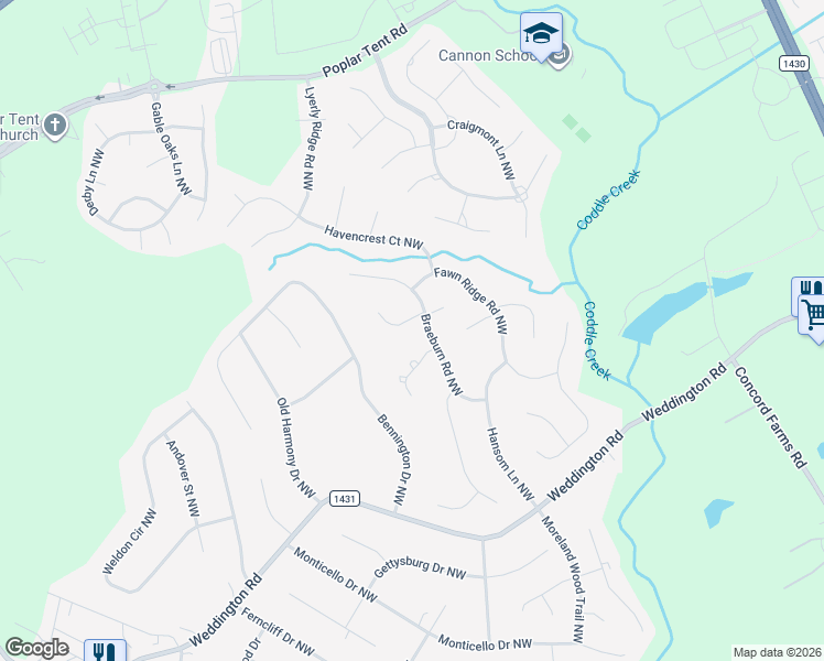 map of restaurants, bars, coffee shops, grocery stores, and more near 5930 Rathlin Ct NW in Concord