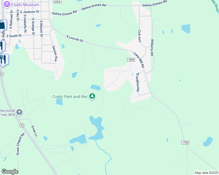 map of restaurants, bars, coffee shops, grocery stores, and more near 389 Park Lane in Coats