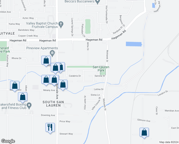 map of restaurants, bars, coffee shops, grocery stores, and more near 5919 Potenza Lane in Bakersfield