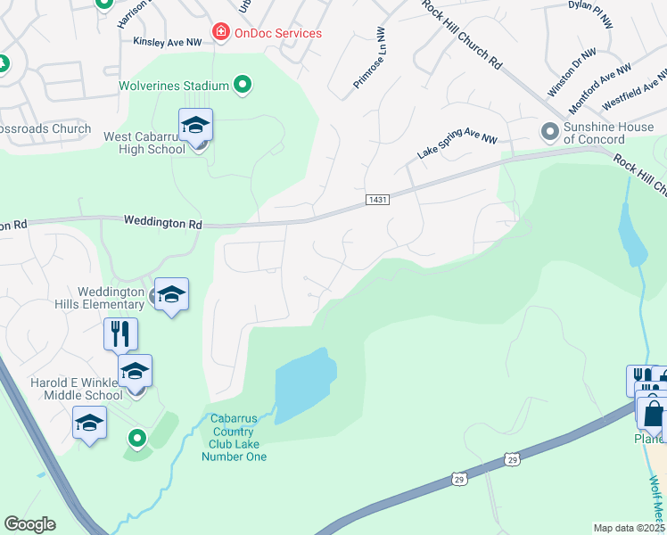 map of restaurants, bars, coffee shops, grocery stores, and more near 1171 Asheford Green Avenue Northwest in Concord