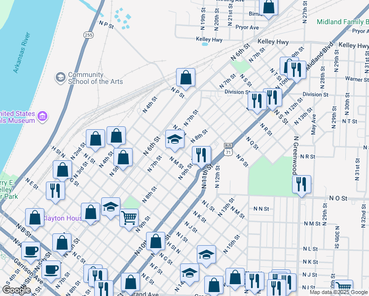 map of restaurants, bars, coffee shops, grocery stores, and more near 723 North N Street in Fort Smith
