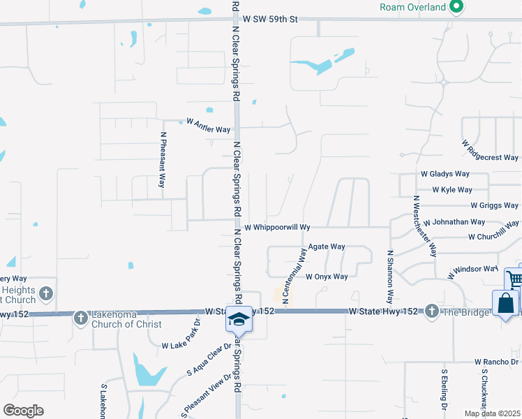 map of restaurants, bars, coffee shops, grocery stores, and more near 616 North Bluebird Way in Mustang