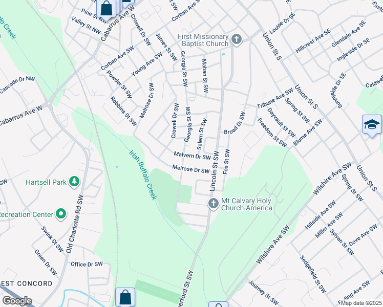 map of restaurants, bars, coffee shops, grocery stores, and more near 303 Malvern Drive Southwest in Concord