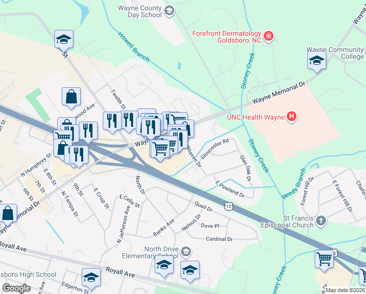 map of restaurants, bars, coffee shops, grocery stores, and more near 100 East Lockhaven Drive in Goldsboro