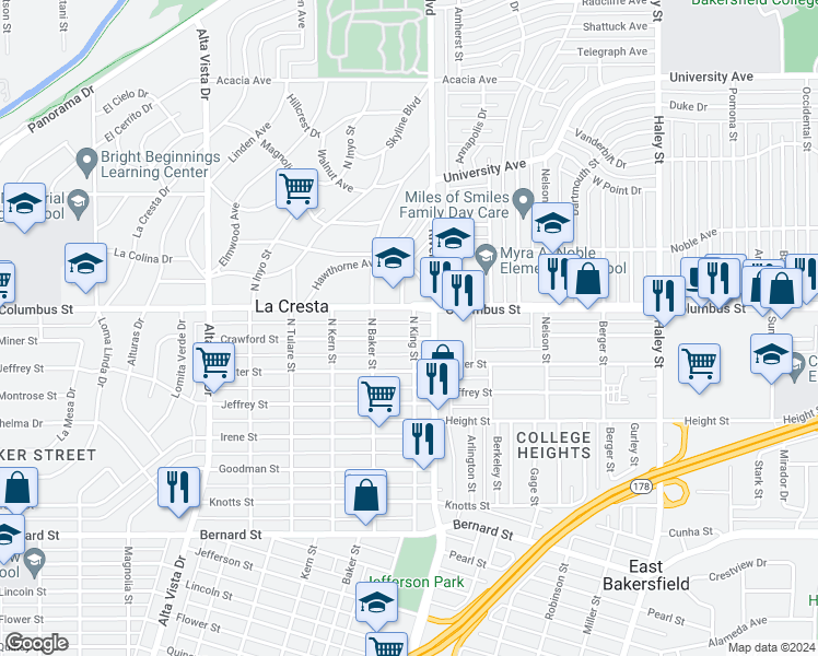 map of restaurants, bars, coffee shops, grocery stores, and more near 2614 North King Street in Bakersfield