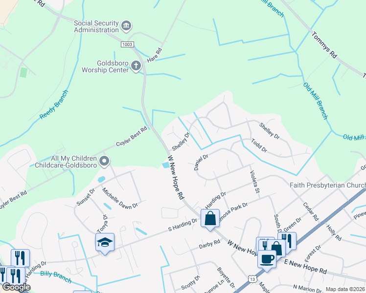 map of restaurants, bars, coffee shops, grocery stores, and more near 806 South Baden Court in Goldsboro