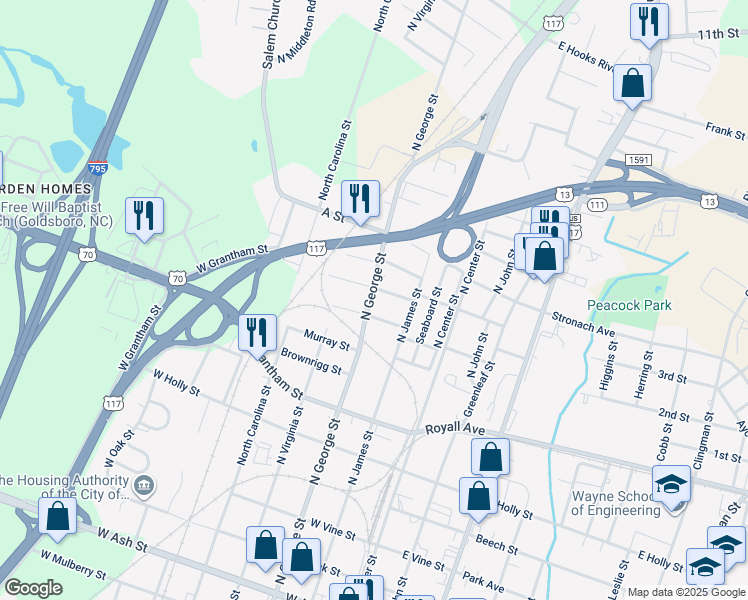 map of restaurants, bars, coffee shops, grocery stores, and more near 1107 N George St in Goldsboro