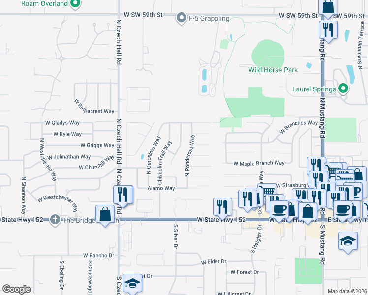 map of restaurants, bars, coffee shops, grocery stores, and more near 608 North Cherokee Way in Mustang