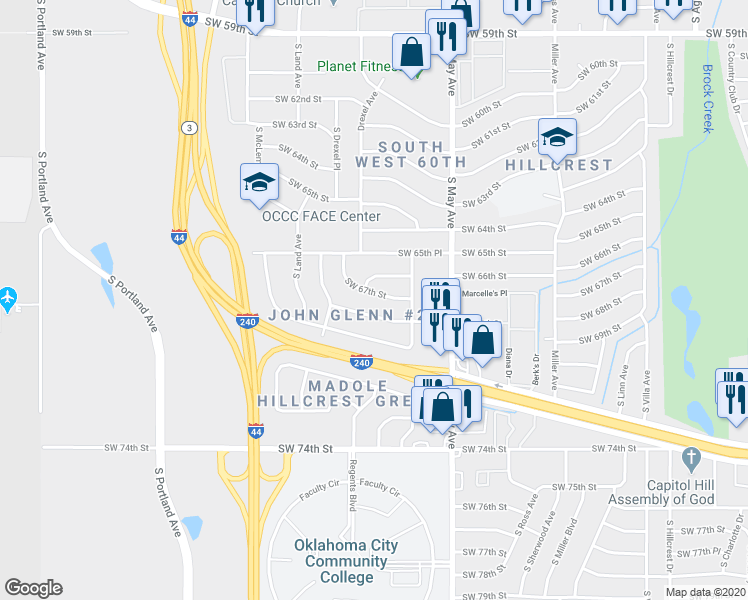 map of restaurants, bars, coffee shops, grocery stores, and more near 3032 Southwest 67th Street in Oklahoma City
