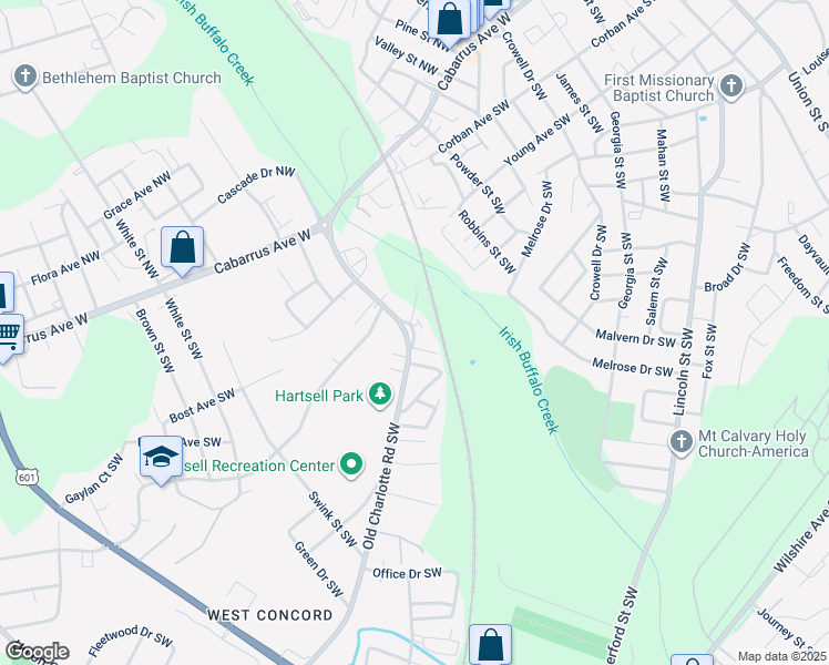 map of restaurants, bars, coffee shops, grocery stores, and more near Pharr Drive Southwest in Concord