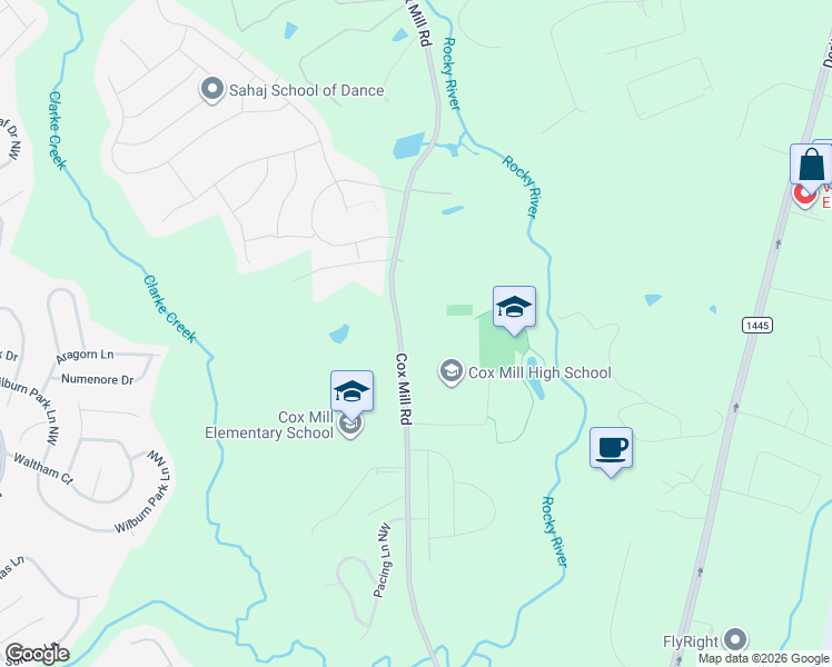 map of restaurants, bars, coffee shops, grocery stores, and more near 1221 Cox Mill Road in Concord