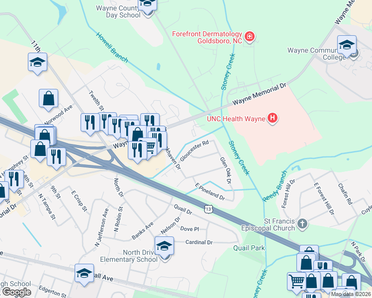 map of restaurants, bars, coffee shops, grocery stores, and more near 609 Gloucester Road in Goldsboro
