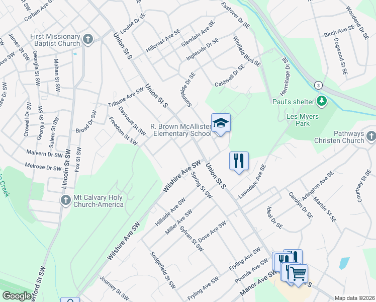 map of restaurants, bars, coffee shops, grocery stores, and more near 511 Spring Street Southwest in Concord