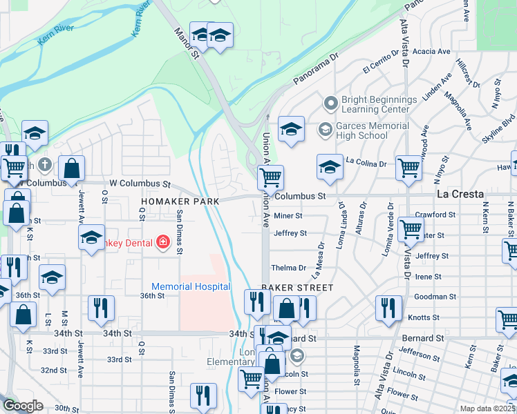 map of restaurants, bars, coffee shops, grocery stores, and more near 4099 Union Avenue in Bakersfield
