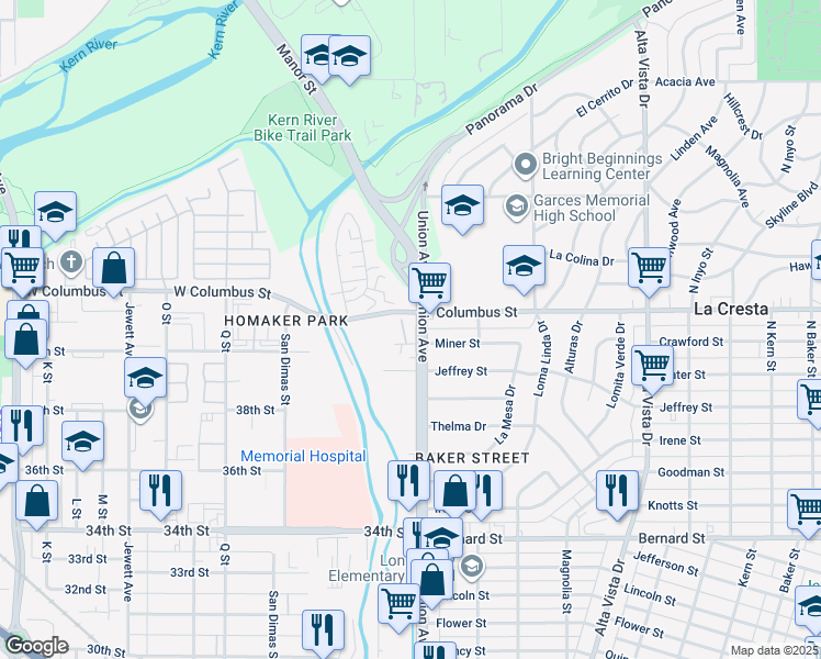 map of restaurants, bars, coffee shops, grocery stores, and more near 4099 Union Avenue in Bakersfield
