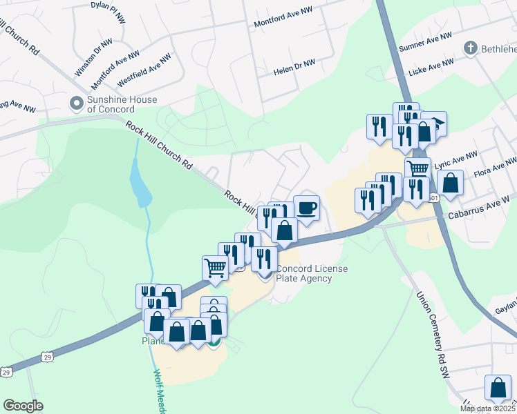 map of restaurants, bars, coffee shops, grocery stores, and more near 2400 Rock Hill Church Road in Concord