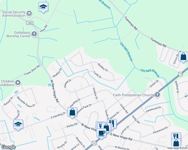 map of restaurants, bars, coffee shops, grocery stores, and more near 500 Todd Drive in Goldsboro
