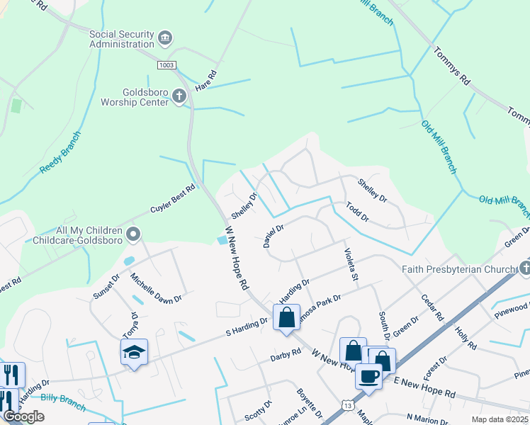 map of restaurants, bars, coffee shops, grocery stores, and more near 800 South Baines Place in Goldsboro