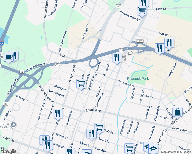 map of restaurants, bars, coffee shops, grocery stores, and more near 1006 North Center Street in Goldsboro