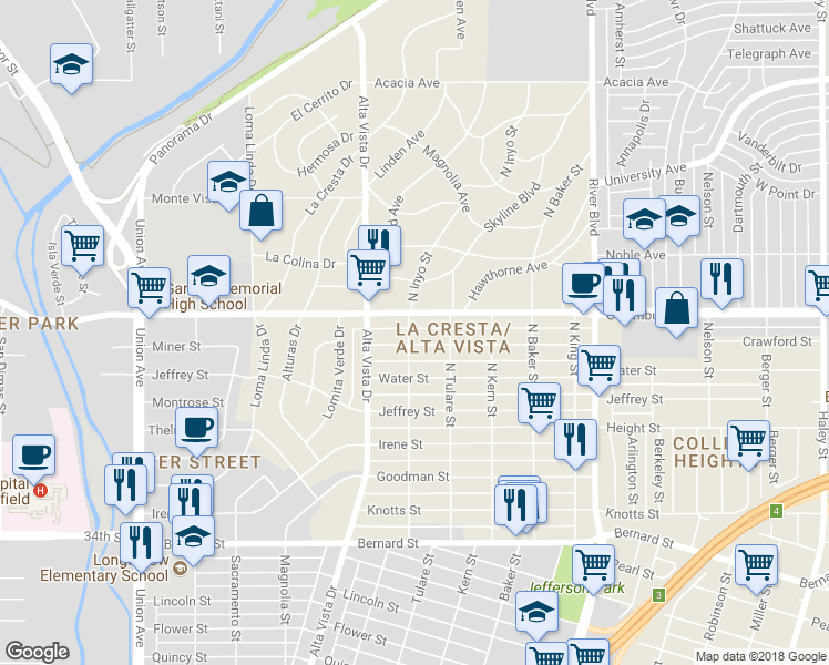 map of restaurants, bars, coffee shops, grocery stores, and more near 2611 North Inyo Street in Bakersfield