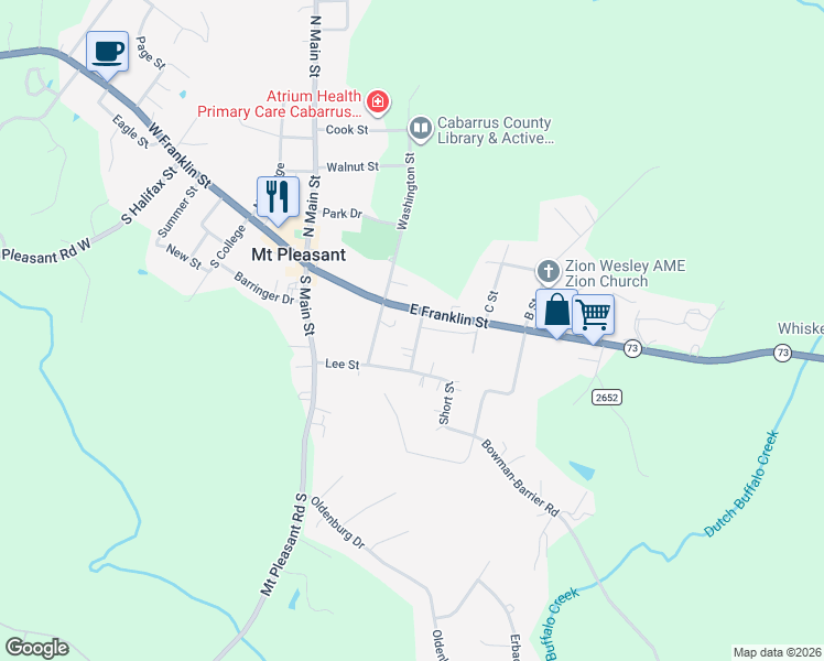 map of restaurants, bars, coffee shops, grocery stores, and more near 1526 Barringer Street in Mount Pleasant