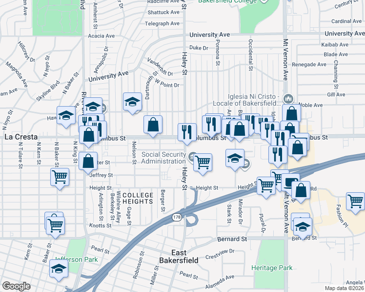 map of restaurants, bars, coffee shops, grocery stores, and more near 1320 Crawford Street in Bakersfield