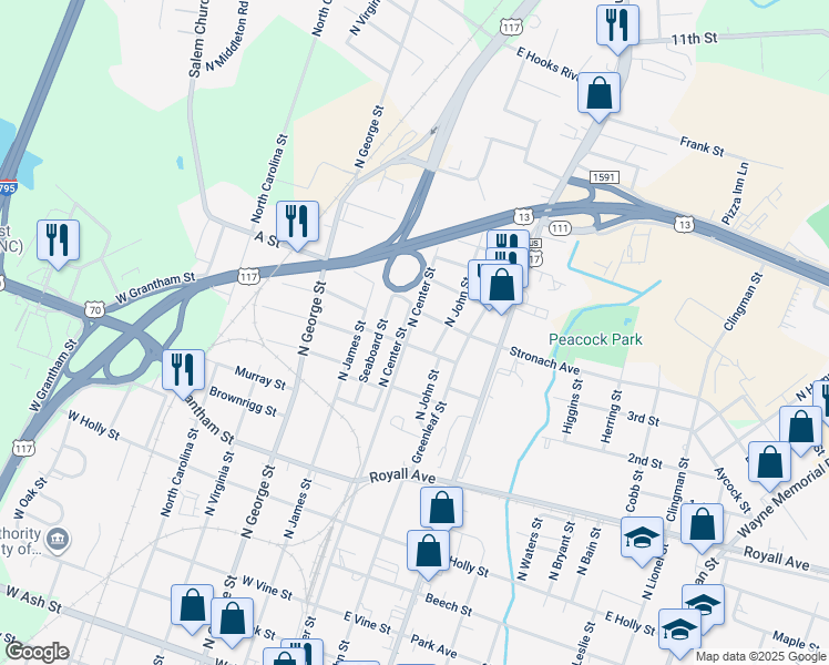 map of restaurants, bars, coffee shops, grocery stores, and more near 1006 North Center Street in Goldsboro