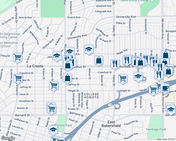 map of restaurants, bars, coffee shops, grocery stores, and more near in Bakersfield