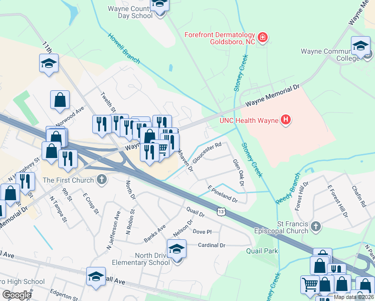 map of restaurants, bars, coffee shops, grocery stores, and more near 100 East Lockhaven Drive in Goldsboro