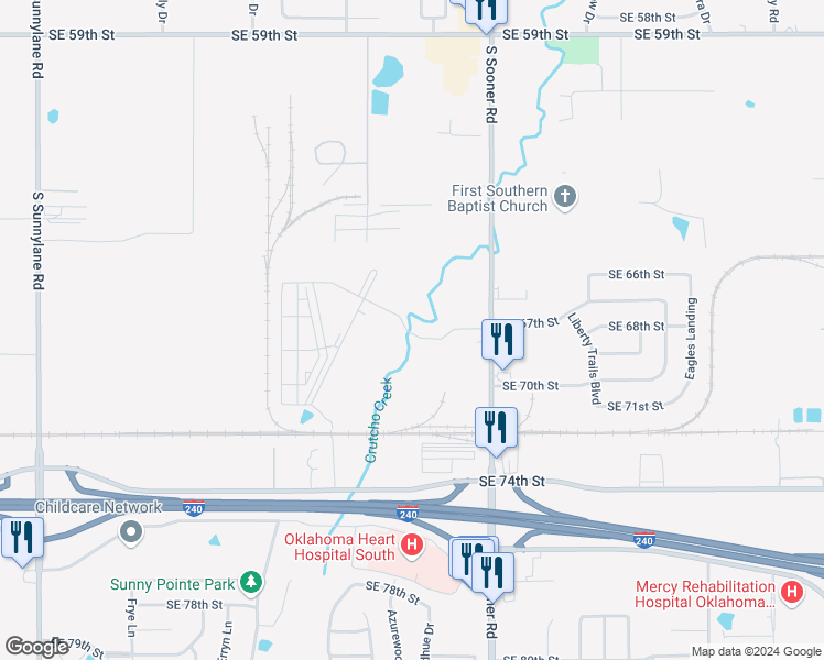 map of restaurants, bars, coffee shops, grocery stores, and more near 7001 South Sooner Road in Oklahoma City