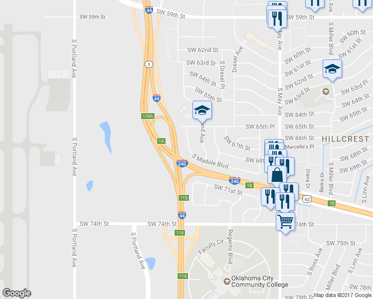 map of restaurants, bars, coffee shops, grocery stores, and more near 3240 S Madole Blvd in Oklahoma City
